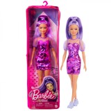 PAPUSA BARBIE FASHIONISTA CU PAR MOV CU ROCHIE CU UMERI BUFANTI