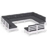 Cumpara ieftin Set mobilier de gradina cu perne, 11 piese, alb lemn masiv pin