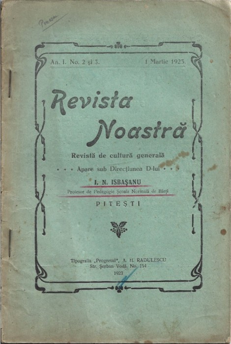 C8893N Revista noastră, 2-3/1923, de I N Isbașanu, Pitești