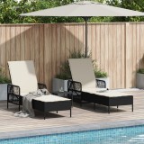 VidaXL Set de Șezlonguri Set de 3 Negru și crem Ratan PE, metal Pliabil