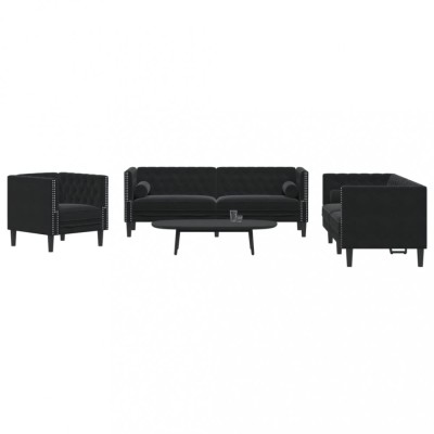 Set canapele Chesterfield cu perne rulou 3 piese negru catifea foto