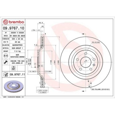 Set disc frana Audi A6 Allroad C6 (4fh) 03.06-08.11, A6 C6 (4f2) 04.04-08.11, A6 C6 Avant (4f5) 11.04-08.11, Spate, 330X22mm, ventilat, BREMBO foto