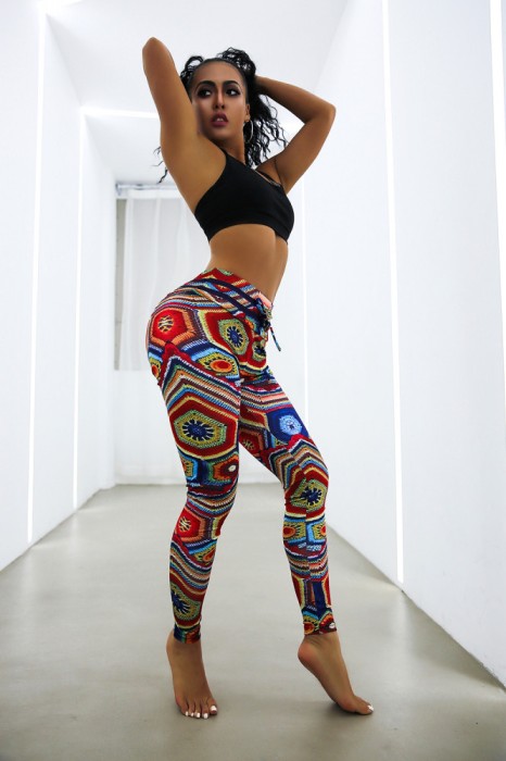 F743-100 Colanti sport cu talie inalta si print multicolor