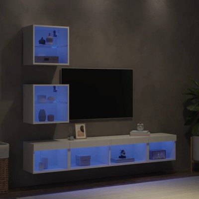 Unități de perete TV cu LED-uri, 5 piese, alb, lemn prelucrat foto