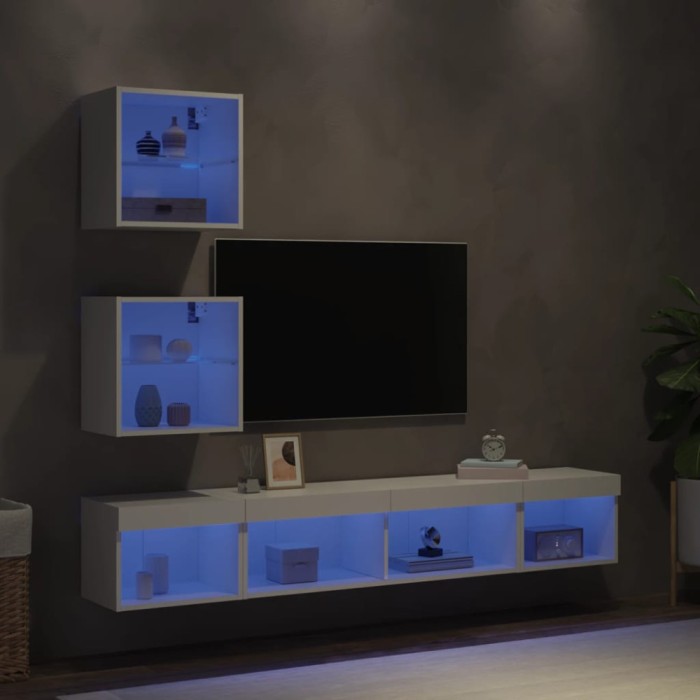 Unități de perete TV cu LED-uri, 5 piese, alb, lemn prelucrat