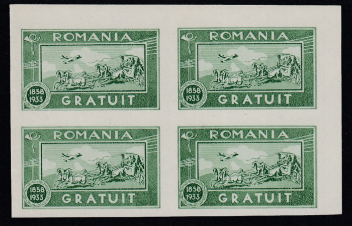 ROMANIA 1933 TIMBRU GRATUIT BLOC DE 4 TIMBRE NEDANTELATE MNH