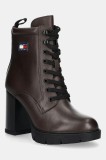 Tommy Jeans cizme de piele TJW HEEL LACE UP BOOT culoarea maro, cu toc drept, EN0EN02832