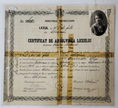 LICEUL NR. 1 DE FETE , CHISINAU , CERTIFICAT DE ABSOLVIREA LICEULUI , 1922 foto