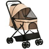 PawHut Cărucior Pliant pentru C&acirc;ini Mici cu M&acirc;ner Rotativ, Roți cu Fr&acirc;ne și Coș de Depozitare, 76,5x52x95 cm, Maro | Aosom Romania