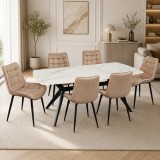 Set masa living Elegant FDT4, blat ceramica, structura metalica, 140x80x75 cm, alb maro si 6 scaune Gloria FDC20, tapiterie catifea, 90 kg, bej