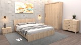 Set Dormitor Tania Stejar Sonoma Pat 160 cm x 200 cm + Noptiere + Dulap cu usi glisante 150 cm x 200 cm + comoda tv