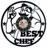 Ceas de perete decorativ realizat din disc de vinil, Model Best Chef, Bucatar Italian Stilizat, Text Best Chef, Cadran Skeleton, Negru, 30 cm
