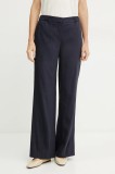 BOSS pantaloni din in femei, culoarea bleumarin, drept, high waist, 50540608