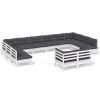 Set mobilier gradina cu perne, 12 piese, alb, lemn masiv pin
