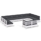 Set mobilier gradina cu perne, 12 piese, alb, lemn masiv pin