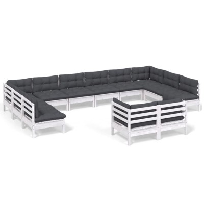 Set mobilier gradina cu perne, 12 piese, alb, lemn masiv pin foto