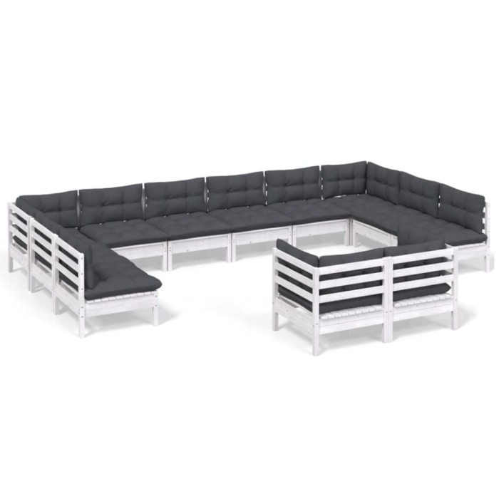 Set mobilier gradina cu perne, 12 piese, alb, lemn masiv pin