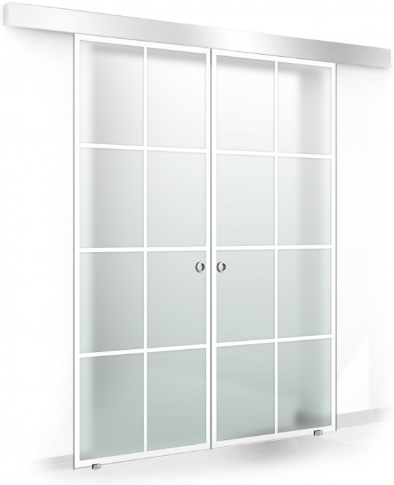 Usa culisanta Boss &reg; Duo model Residence alb, 60+60x215 cm, sticla mata securizata, glisanta in ambele directii