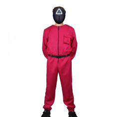 Costum pentru adulti IdeallStore&reg;, Jocul Calamarului, model Triunghi, marimea S, rosu, centura inclusa