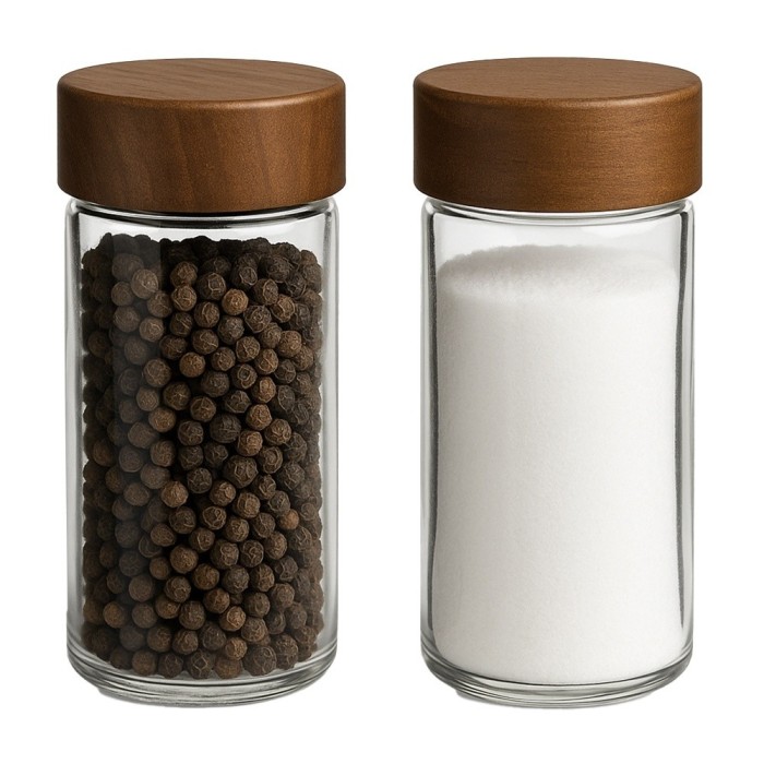Set 2 recipiente din sticla Pufo pentru sare, piper sau condimente, 10 cm