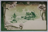 CASUTE DE PESCARI SI BARCUTA PE LAC , CARTE POSTALA , ORNAMENTE ART NOUVEAU , CLASICA