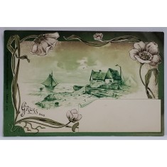 CASUTE DE PESCARI SI BARCUTA PE LAC , CARTE POSTALA , ORNAMENTE ART NOUVEAU , CLASICA