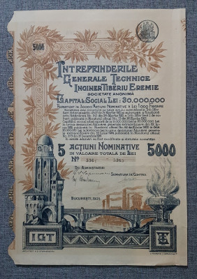 Actiune 1925 Intreprinderile tehnice Tiberiu Eremie / titlu de 5 actiuni foto