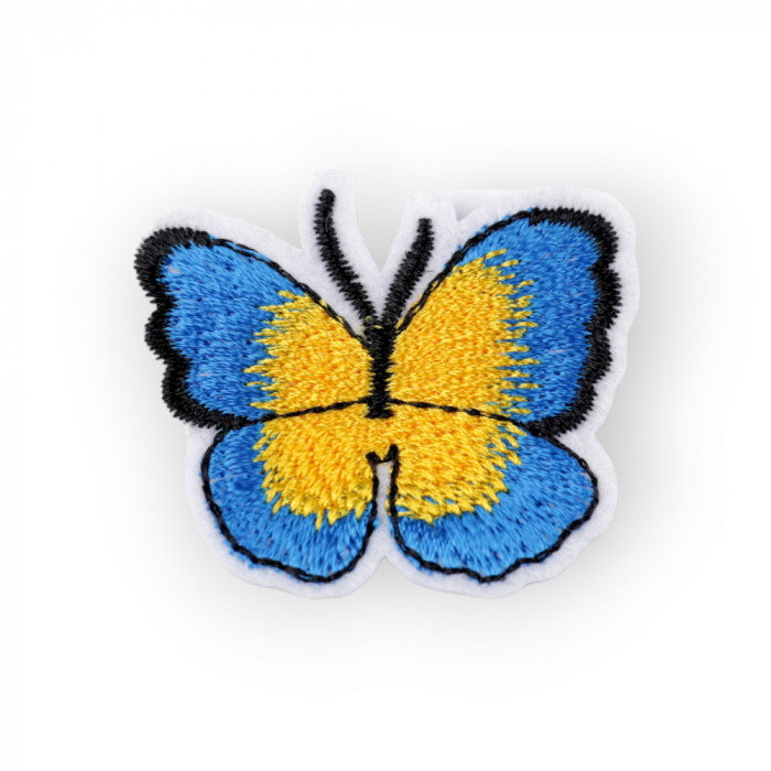 Aplicatie termoadeziva brodata, 36 x 40 mm, Fluture albastru si galben