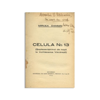 Mircea Damian, Celula Nr. 13, 1932, cu dedicație către Victor V&amp;acirc;lcovici foto