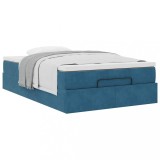 Cadru Pat Otoman Gossi 120x200cm, Catifea Albastru Inchis, Saltea Arcuri, Topper Inclus, Spatiu Depozitare