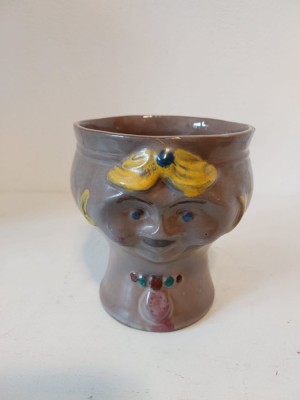 Vas ceramica / vaza flori, masca ghiveci, cu fata de femeie, lucata si pictata manual, Mid Century vintage foto