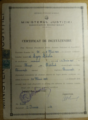 QW13 13 - 1951 - certificat de incetatenire - cetatenia romana foto