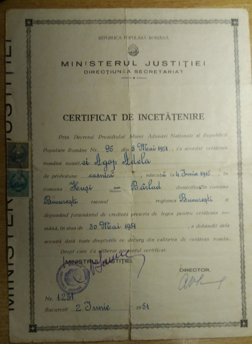 M3 C18 - 1951 - Certificat incetatenire - Acorda cetatenia romana - fiscalizat