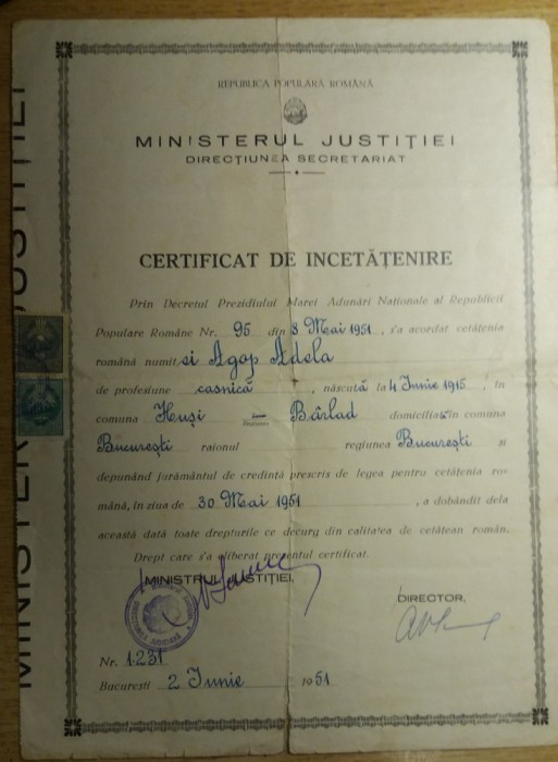 QW13 13 - 1951 - certificat de incetatenire - cetatenia romana