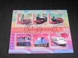 Bloc de Timbre Liberia 2022 &ndash; &bdquo;History of Trains&rdquo;, 6 modele de locomotive istorice și moderne, obliterat, colecție tematică feroviară, Transporturi, Stampilat