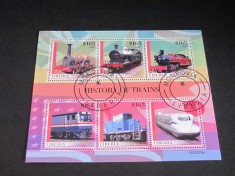 Bloc de Timbre Liberia 2022 &ndash; &bdquo;History of Trains&rdquo;, 6 modele de locomotive istorice și moderne, obliterat, colecție tematică feroviară