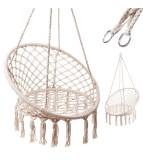 Leagan tip scaun rotund suspendat pentru casa sau gradina, cu franjuri, capacitate 150kg, ecru
