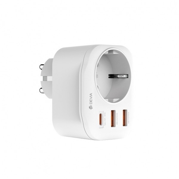 Incarcator Retea DEVIA WW09-F-PD, 20W, 3A, 2 x USB-A - 1 x USB-C - 1 x Schuko, Alb
