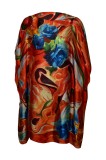 Rochie Dama Tip Poncho Dacali, Portocaliu/Albastru, One Size, Vascoza &amp; Matase, Lungime Midi, Rochie de Vara Vaporoasa
