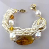 Cumpara ieftin Brățară Perle Cultură &amp; Chihlimbar Mexican Amberia Argint 925 placat aur, reglabilă 18-24cm, Damă. Bijuterie handmade Italia