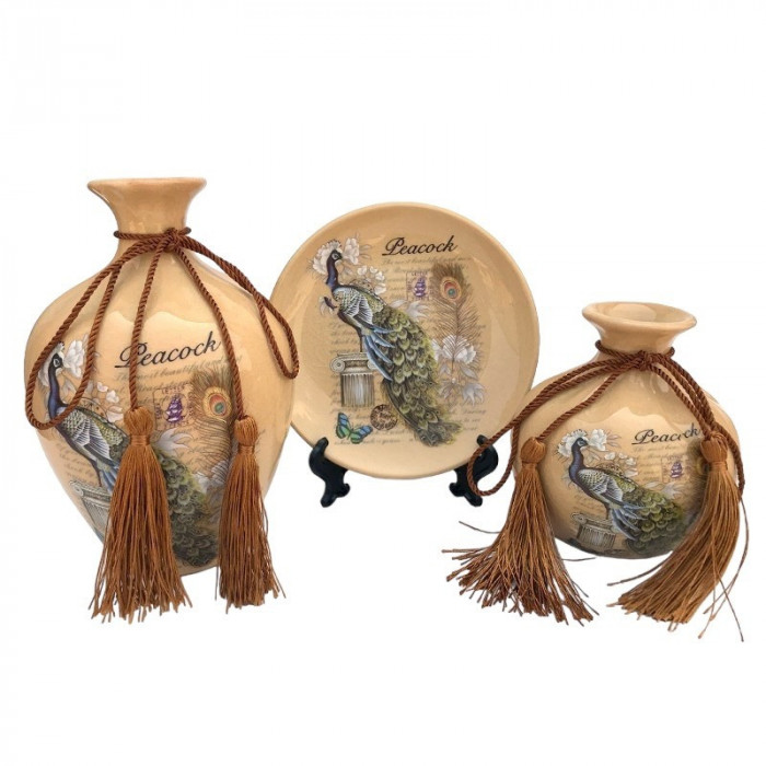 Set 2 vaze decorative si farfurie din ceramica, Flori, Crem, 446H