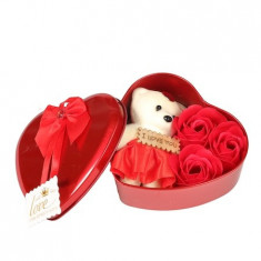 Cutie in forma de inima cu ursulet si trandafir rosu, Valentine s Day, 12 cm