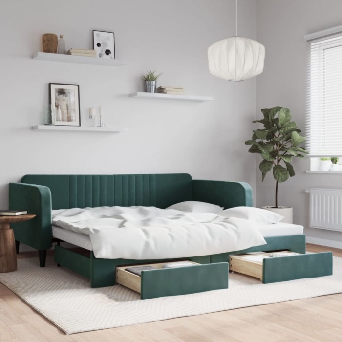 vidaXL Pat de zi cu extensie și sertare verde &icirc;nchis 100x200cm catifea 3197120