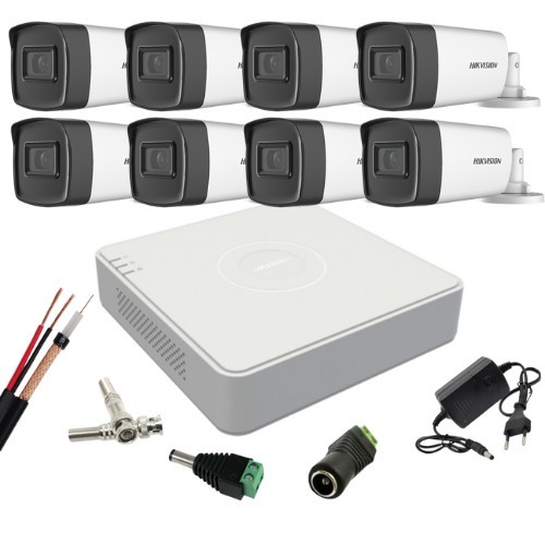 Kit supraveghere Hikvision cu 8 camere, 2 Megapixeli, Infrarosu 80m, Lentila 3.6mm, DVR cu 8 canale, Accesorii SafetyGuard Surveillance