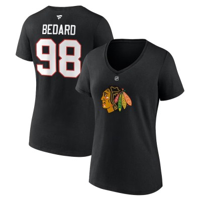 Chicago Blackhawks tricou de dama Connor Bedard #98 Draft 2023 Stack Logo Name &amp;amp;amp; Number V-Neck Black - S foto