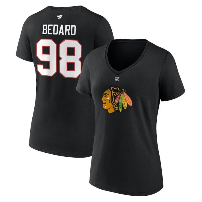 Chicago Blackhawks tricou de dama Connor Bedard #98 Draft 2023 Stack Logo Name &amp;amp; Number V-Neck Black - L