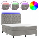 Cumpara ieftin Pat cu arcuri, saltea si LED, gri deschis, 140x200 cm, catifea