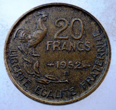 7.827 FRANTA 20 FRANCS FRANCI 1952 B G. GUIRAUD 4 plumes foto