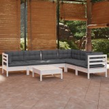 VidaXL Set mobilier de grădină cu perne, 7 piese, alb, lemn masiv pin 3096690