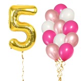 Set 13 Baloane Aniversare 5 Ani Fată Roz/Rose Gold, Cifră Aurie 81cm, Latex 30cm, Ropet